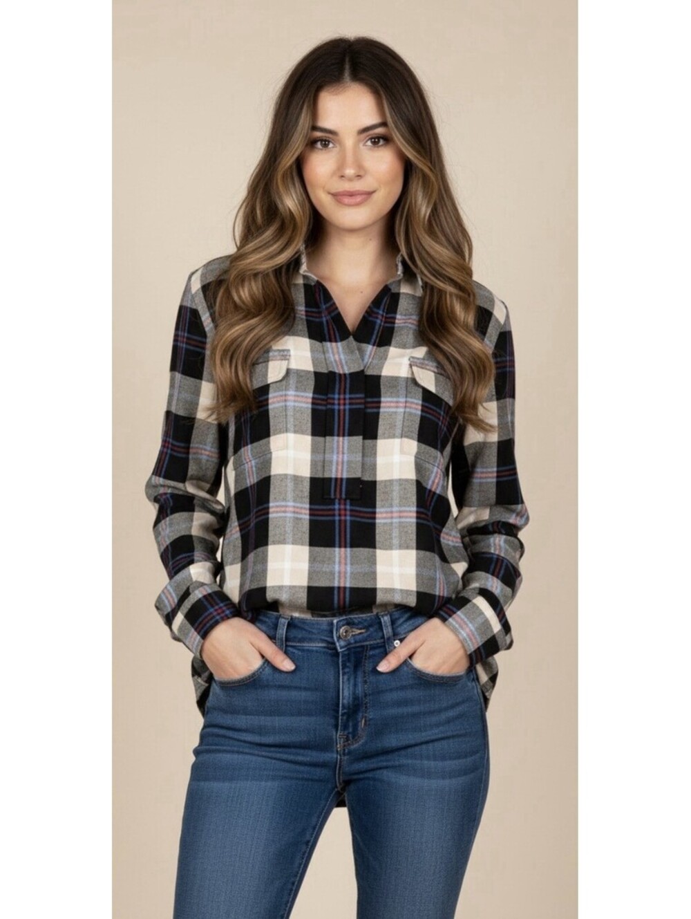 SPLENDID Women’s Soft Long Sleeve Plaid Popover Shirt in Mutli-Size Large